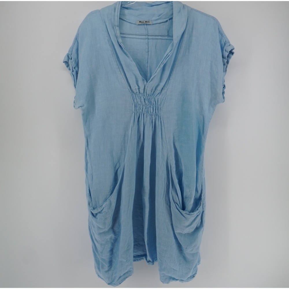 Meo Meli Italy Light Blue 100% Linen V-Neck Tunic Dress with Pockets 379